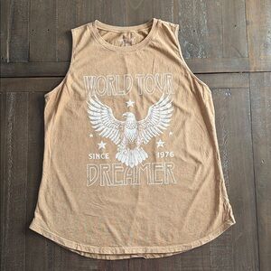 HRT & LUV Womens Tank Top Taupe XL World Tour Dreamer Graphic Rock and Roll